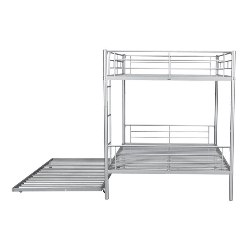 Full Over Full Metal Bunk Bed with Trundle, Silver Finish, Sturdy Iron Frame