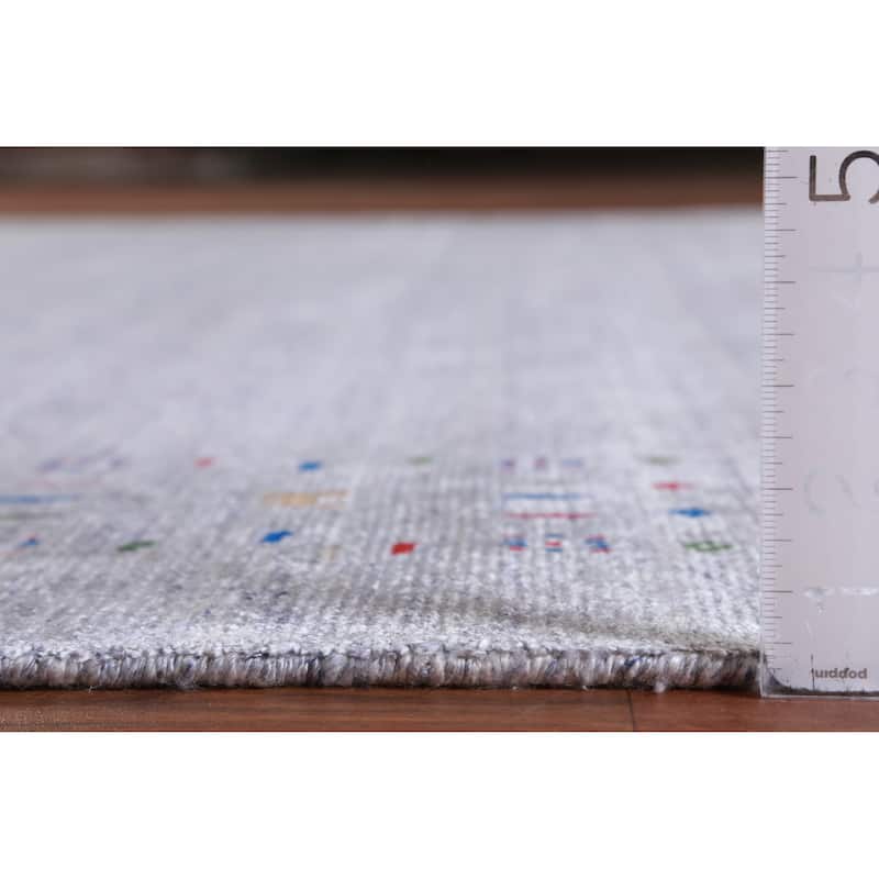 Hand Knotted Oriental Viscose Silk Carpet Tribal Stripe Greys & Charcoal Gabbeh Area Rug - 9' 8'' X 8' 2''