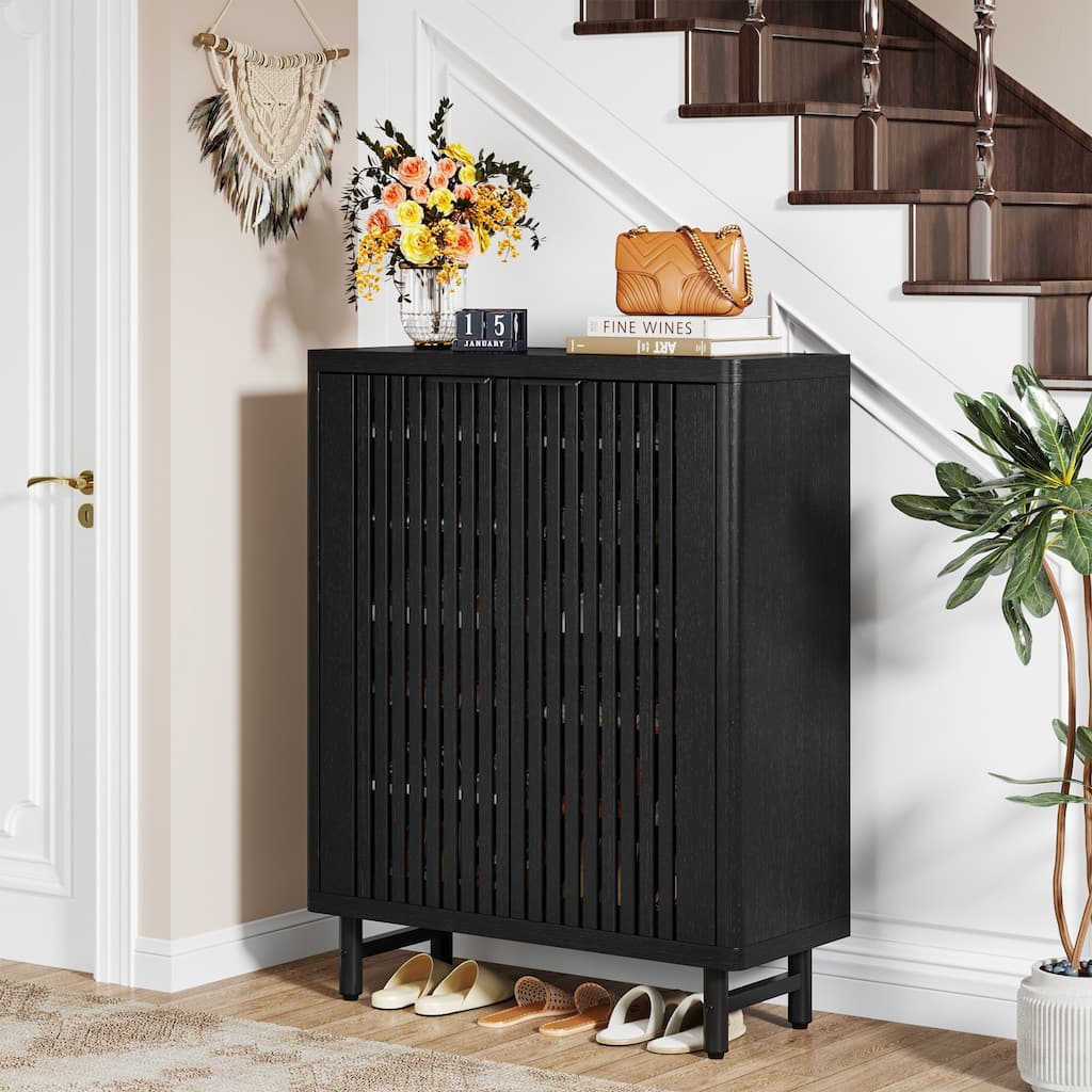 Wooden Shoe Cabinet with Shutter Doors, Adjustable Shelves Large Hidden Storage Organizer Rack for Entryway Hallway