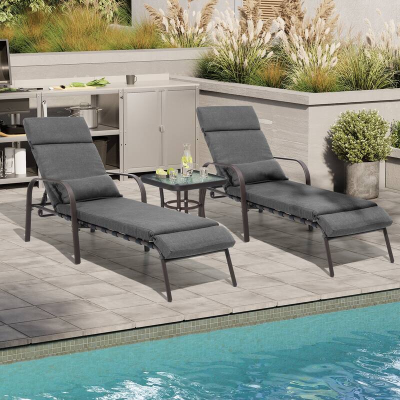 Outdoor Cushioned Chaise Lounge Chairs Adjustable Reclining Sun Lounger with Side Table