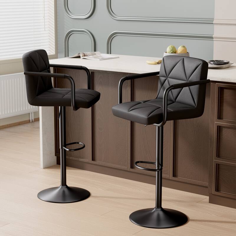 Modern Bar Stools Set of 2 Upholstered Faux Leather Barstools with Back and Arms Height Adjustable Bar Chairs - Black