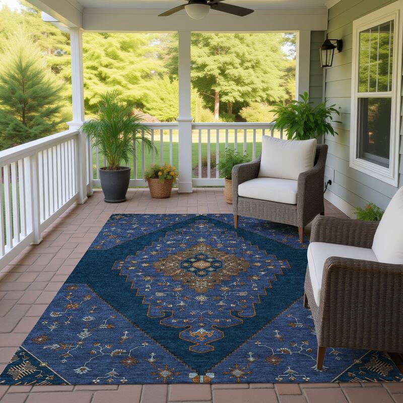 Machine Washable Indoor/ Outdoor Global Marrakesh Chantille Rug - Navy - 5' x 7'6"