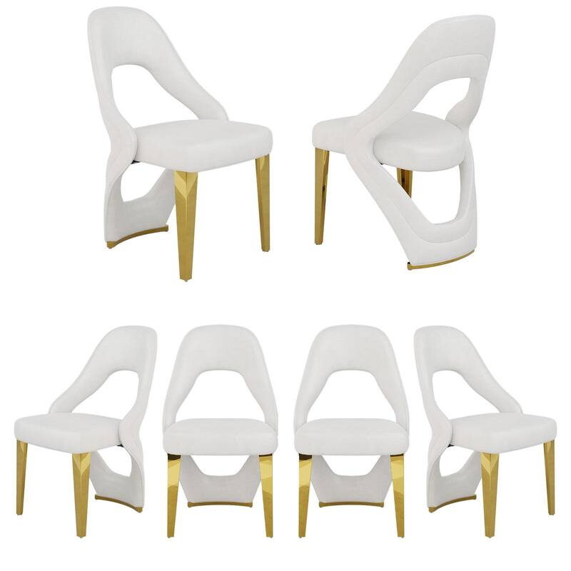 Velvet Dining Chairs with Open Back and Polished Metal Legs - White - Set of 6