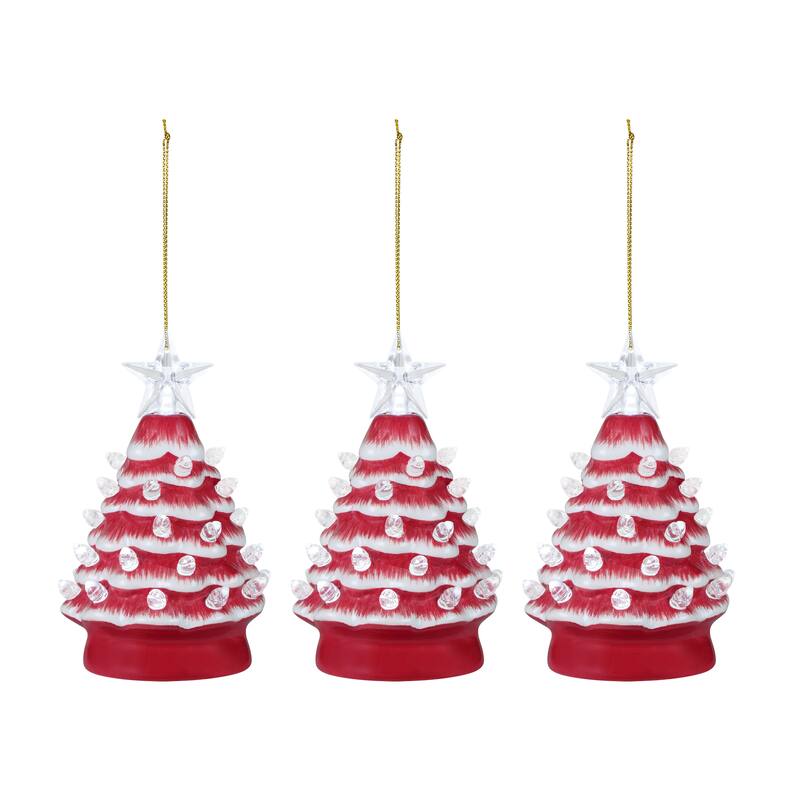 5 in. Set of 3 Nostalgic Ceramic Tree Ornament- Red with White Bulbs