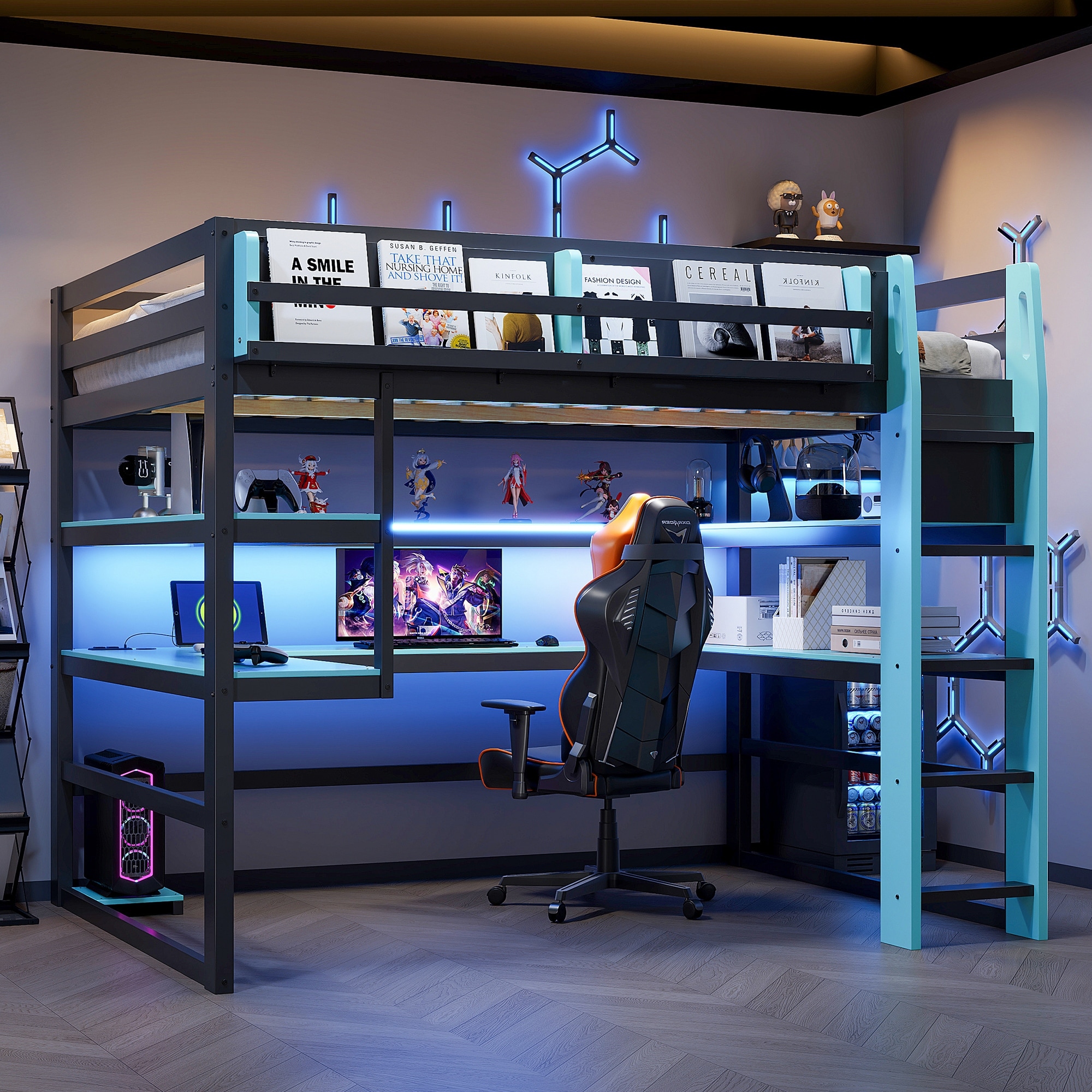 Wood Loft Bed Frame with Desk, Storage Shelves & RGB Light