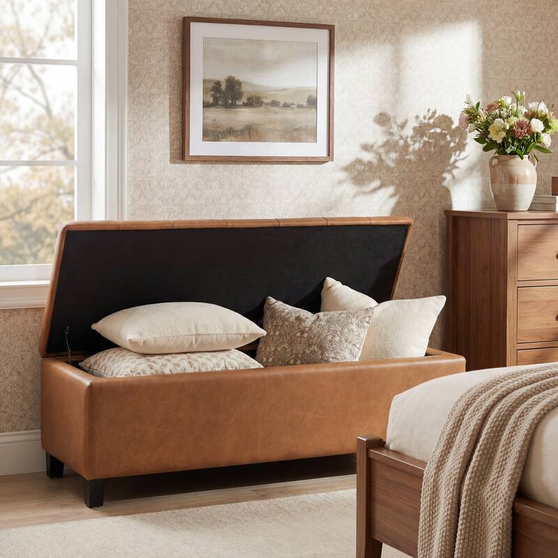 Ottoman Bench with Dark Brown PU Storage Surface