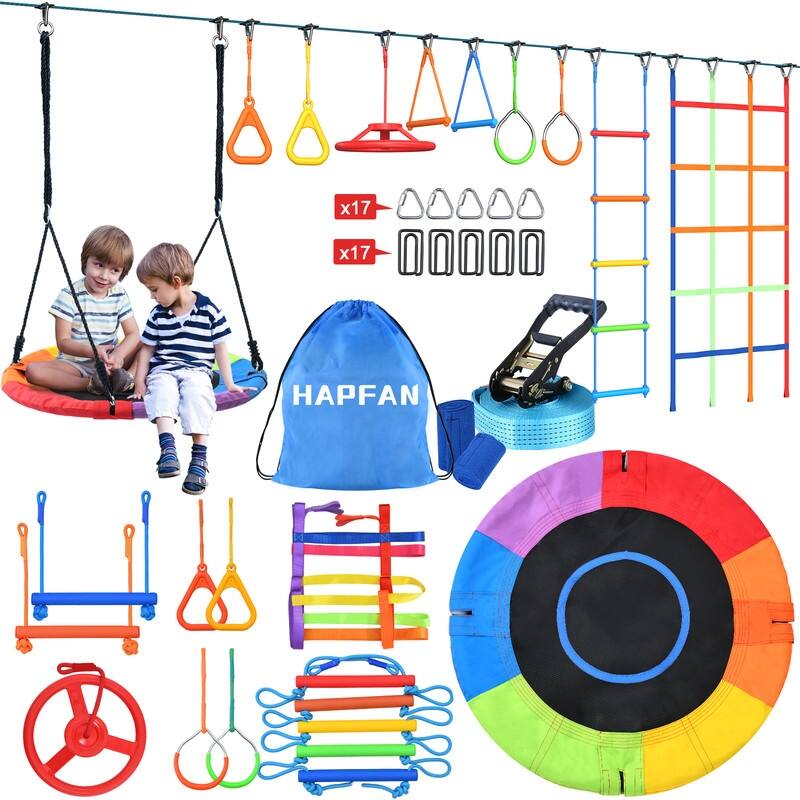 Hapfan 50ft Ninja Warrior Obstacle Course for Kids with Swing,Tree Slackline Jungle Gym Outdoor