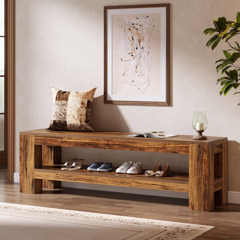 Farmhouse Wooden Entryway Bench, 59" Indoor Console Shoe Bench