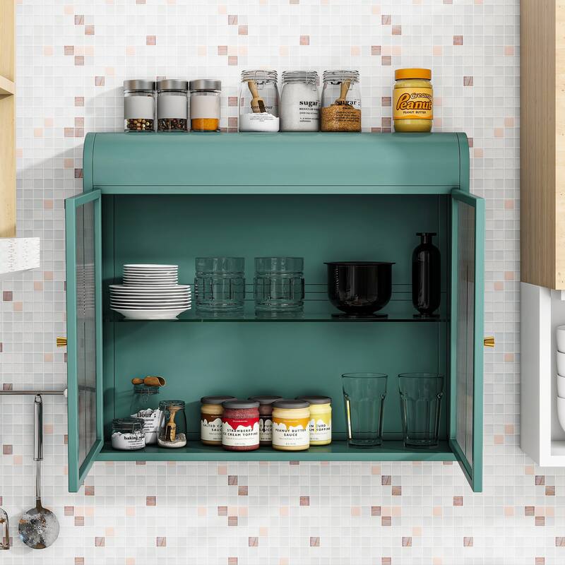 2-Door Wall-Mounted Metal Storage Cabinet with Tempered Glass Doors & Shelves for Bathroom, Kitchen, Living Room & Office