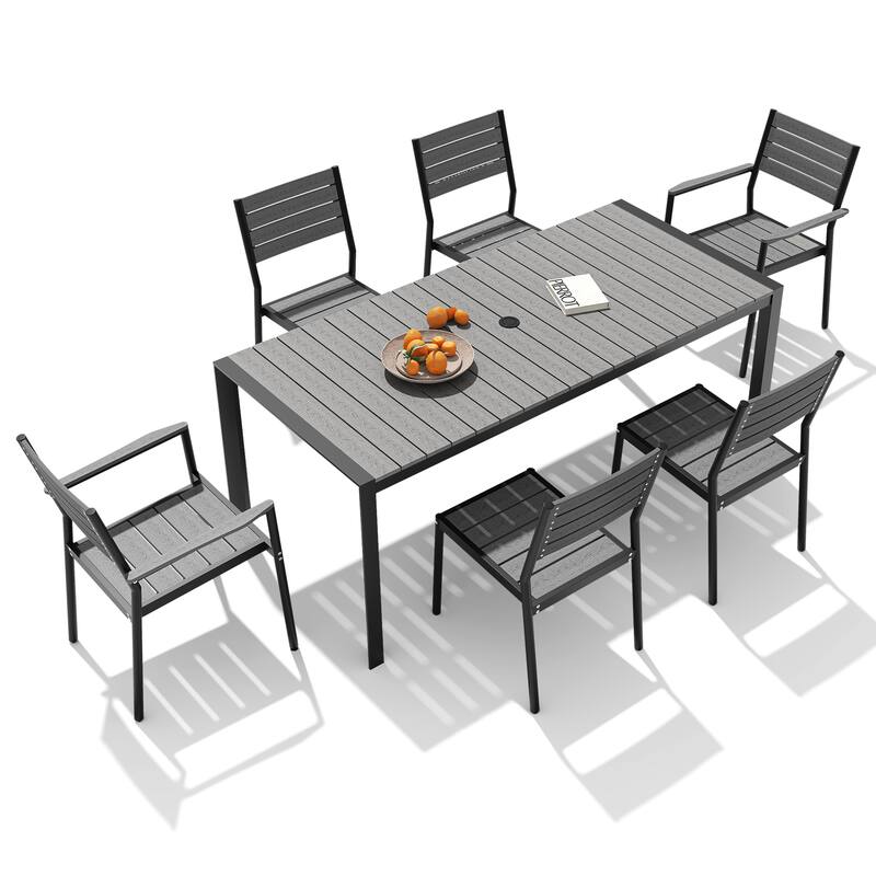 7-Piece Outdoor Patio Dining Set Wood Like Table Top Aluminum Rectangular Umbrella Hole Table with Rattan Chairs