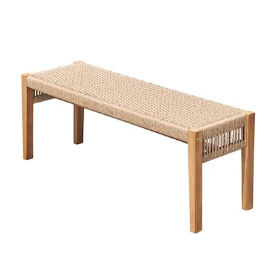 Mauricio Golden Oak Acacia Wood Mixed Strapped Rattan Garden Bench