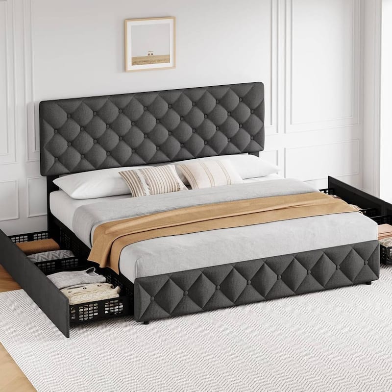 Bed Frame with 4 Storage Drawers and Adjustable Headboard