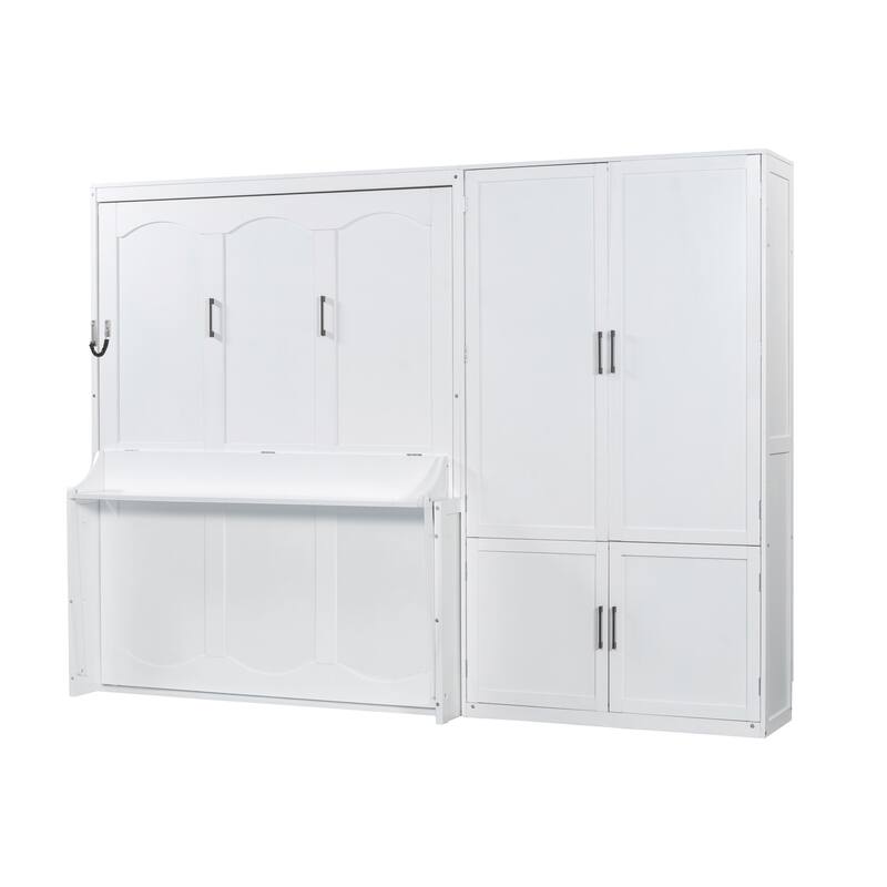 Roomfitters Queen Size Murphy Bed with Closet, Hydraulic Lift Wall Bed with Storage Cabinet, White