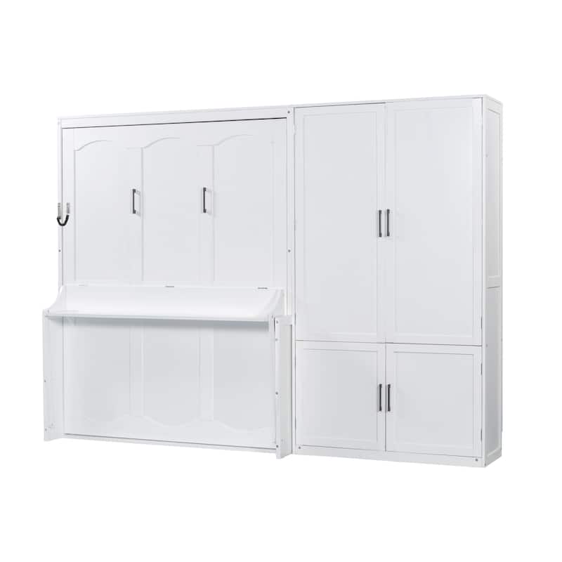 Space-Saving Queen Murphy Wall Bed with Hydraulic Lift System and Side Wardrobe Storage - White - Queen