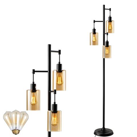 65.75-inch 3-Light Industrial Standing Lamp with Glass Shades, Bulbs Included - 1PACK