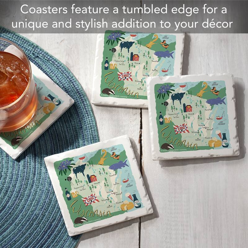 Wisconsin Home 4-Pack Absorbent Stone Coasters with Protective Cork Backing 4" Square Made in The USA Easily Wipes Clean
