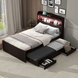 Twin XL Platform Bed with Storage LED Headboard, Charging Station, Trundle & 2 Drawers, Sturdy Pine Wood Frame, Dark Brown