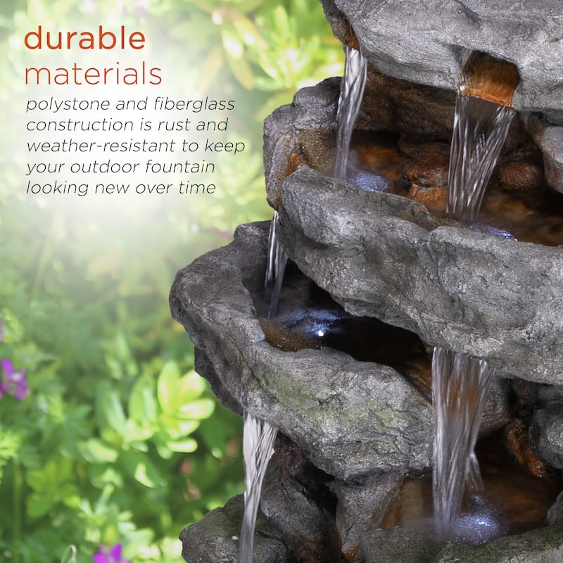 Alpine Corporation 39" Tall Outdoor Cascading Stone Water Fountain with LED Lights