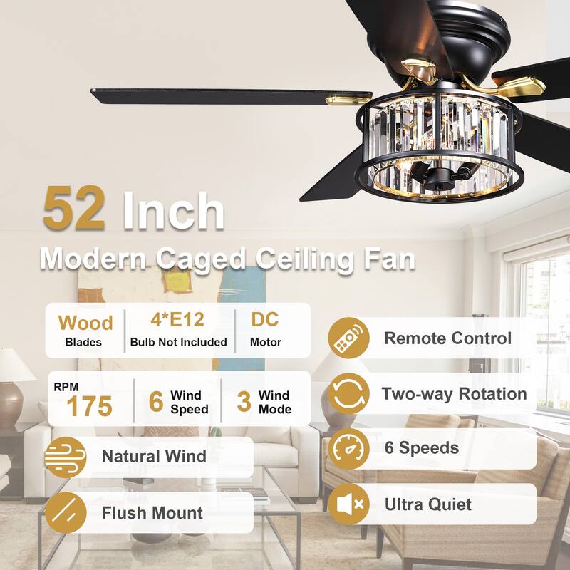 Cusp Barn 52" Farmhouse Flush Mount Crystal Ceiling Fan with Lights and Remote, Black 5 Blades Reversible Chandelier Ceiling Fan