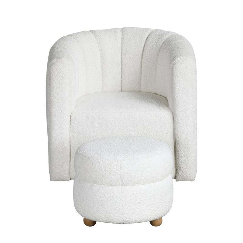 Noa Swivel Chair and Ottoman, Channel Tufted Curved Back, White Boucle