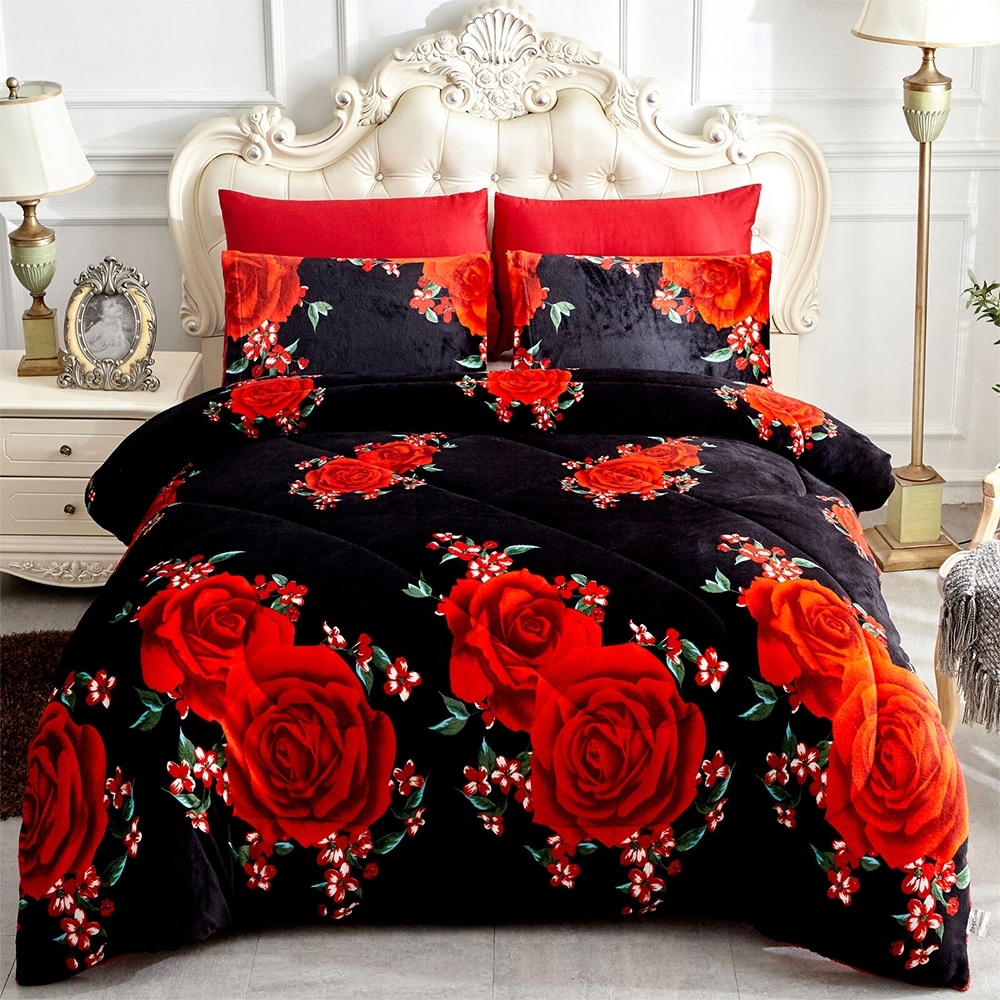 3 Pieces Blanket 2 Pillow Covers Sherpa Quilt King Black Rose