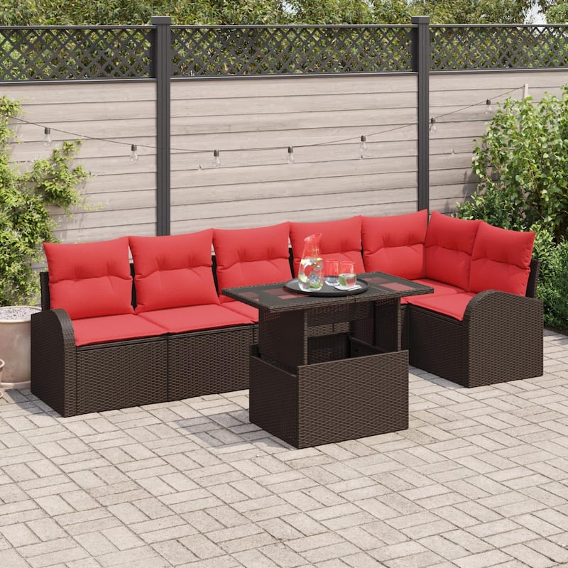 vidaXL 7 Garden Sofa Set with Cushions Black/Brown/Grey Poly Rattan - 113.8 x 48.8 x 27.2 - Brown