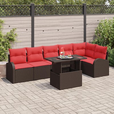 vidaXL 7 Garden Sofa Set with Cushions Black/Brown/Grey Poly Rattan - 113.8 x 48.8 x 27.2