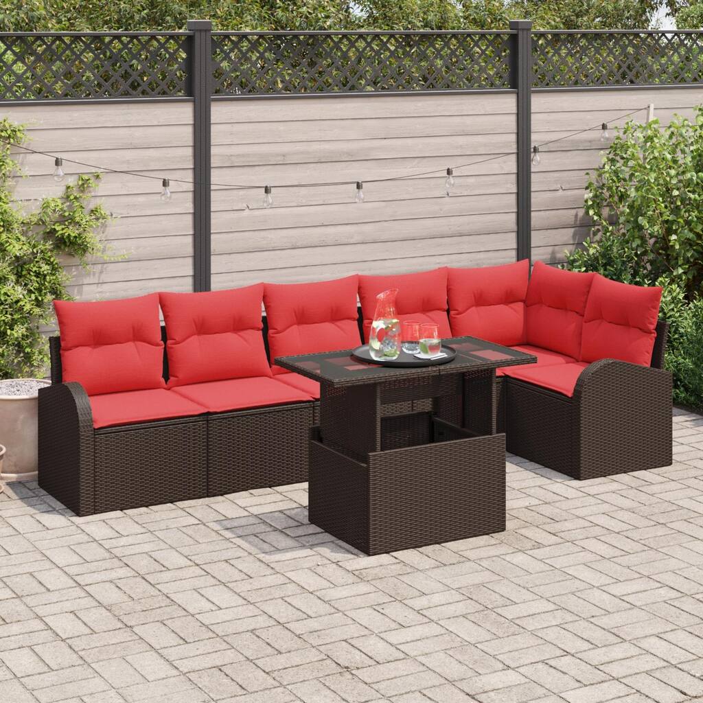 vidaXL 7 Garden Sofa Set with Cushions Black/Brown/Grey Poly Rattan - 113.8 x 48.8 x 27.2