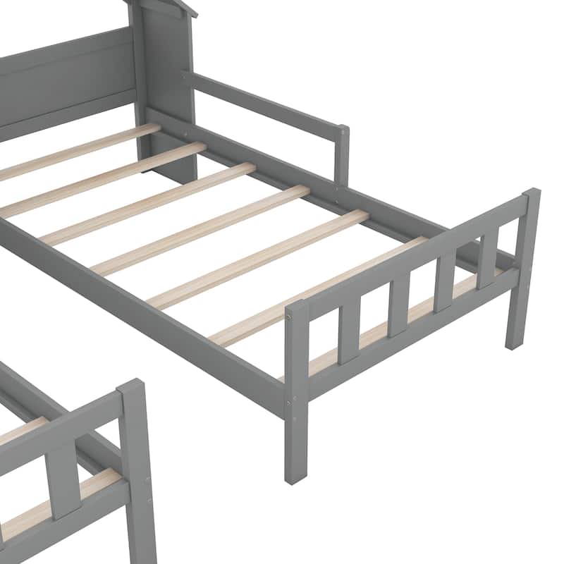 Double Twin Size Platform Bed, Wooden Shared Double Twin Beds Frame with House Shaped Headboard and a Built In Nightstand