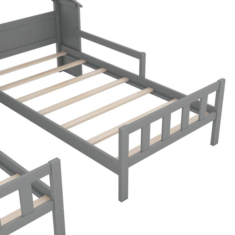Twin Size Platform Bed with House-Shaped Headboard, Built-in Nightstand, and Guardrails