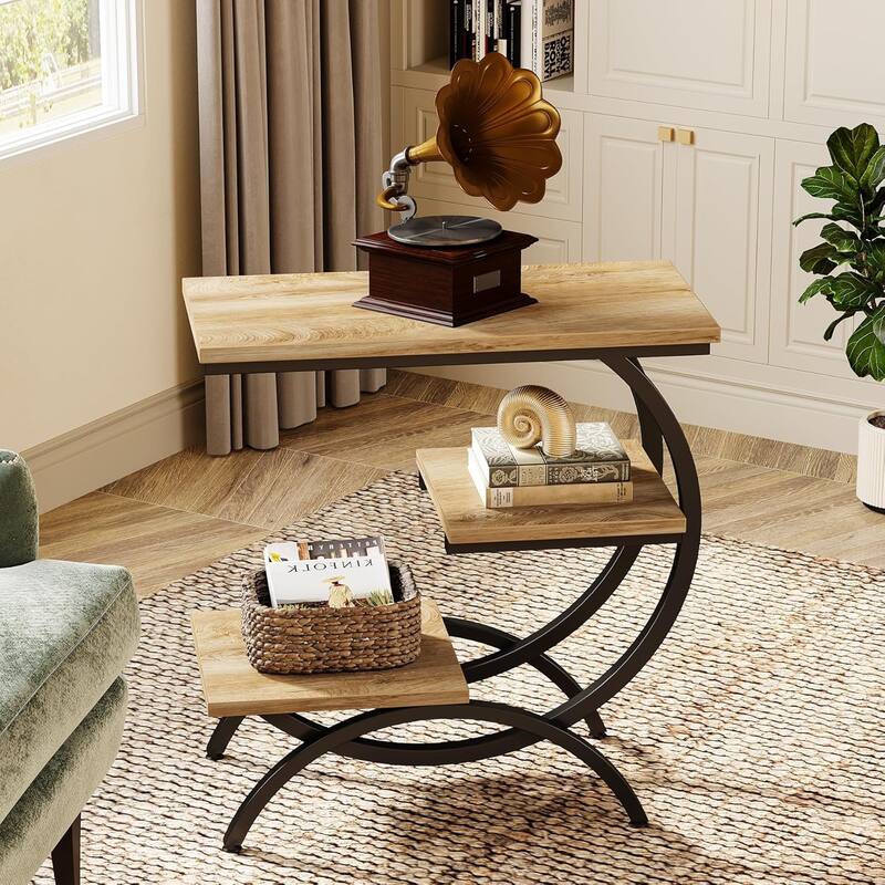 C-Shaped End Table, 3-Tier Small Side Table - 1 PC - Antique Oak