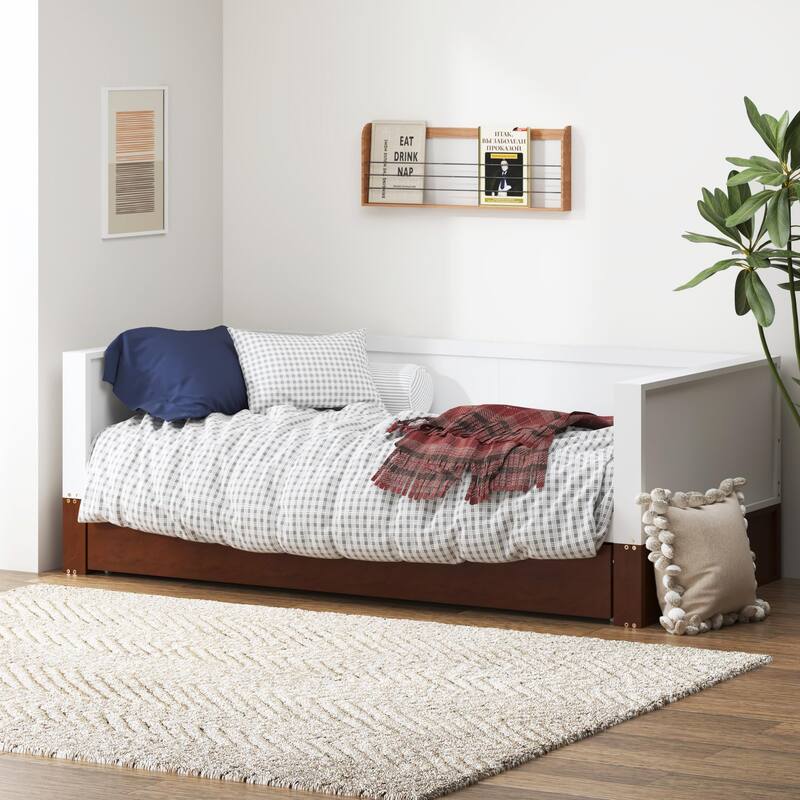 Convertible Twin Daybed with Trundle - Solid Wood Sofa Bed Frame, 350lbs Capacity, Locking Wheels
