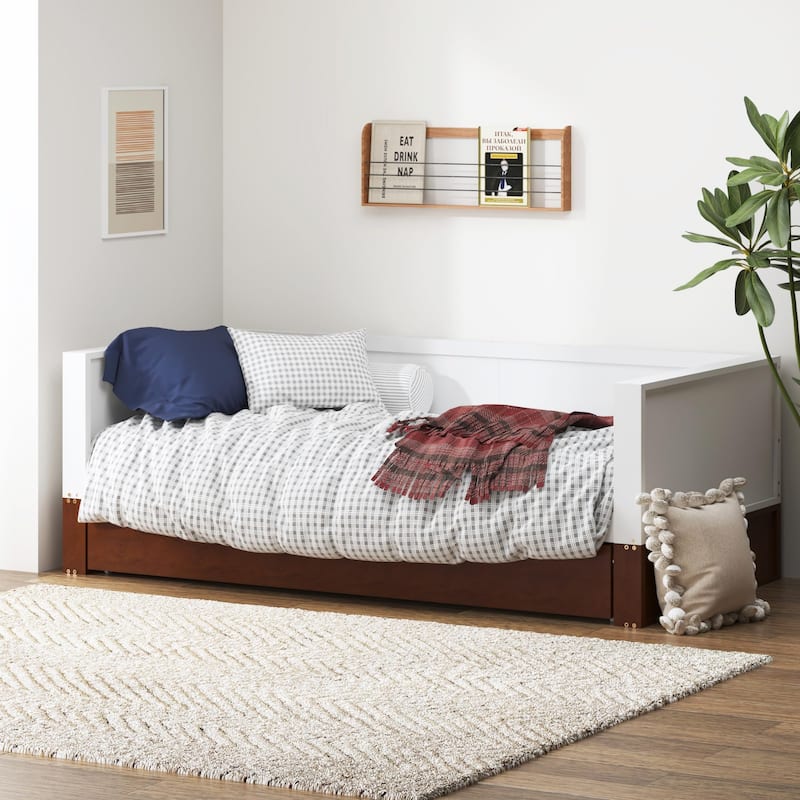 Twin Daybed with Trundle - Solid Wood Sofa Bed Frame, 350lbs Capacity, Locking Wheels , Multi-Functional for Living Room