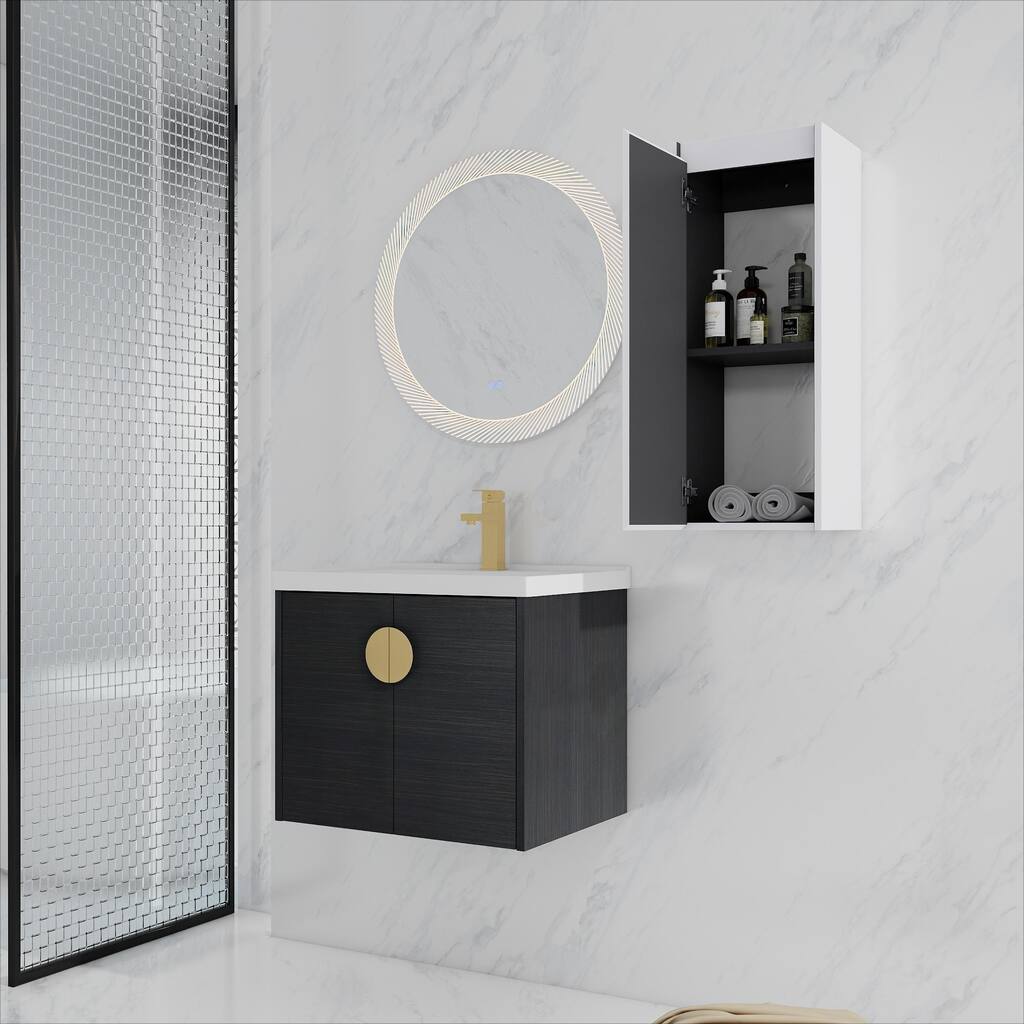 24" Wall-Mounted Bathroom Vanity With Ceramic Sink and Side Cabinet, Soft Close Doors, Combination Cabinet