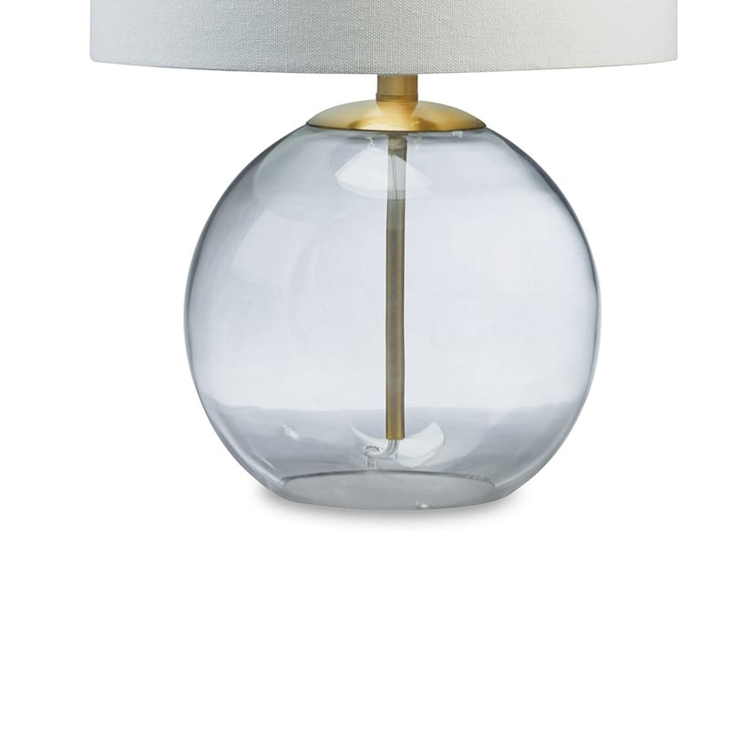21 Inch Table Lamp, White Drum Shade, Round Clear Glass Base, Brass Metal