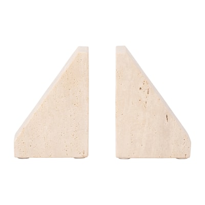 Sagebrook Home Elegant Travertine Stone Triangle Bookends, Tan Color, Perfect for Home Decor and Organization, Set of 2