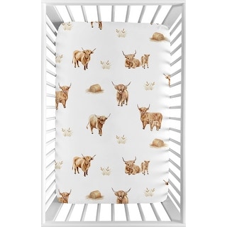Sweet Jojo Designs Boho Highland Cow Boy, Girl, Gender Neutral Fitted Mini Portable Crib Sheet -Farm Animal Watercolor Farmhouse