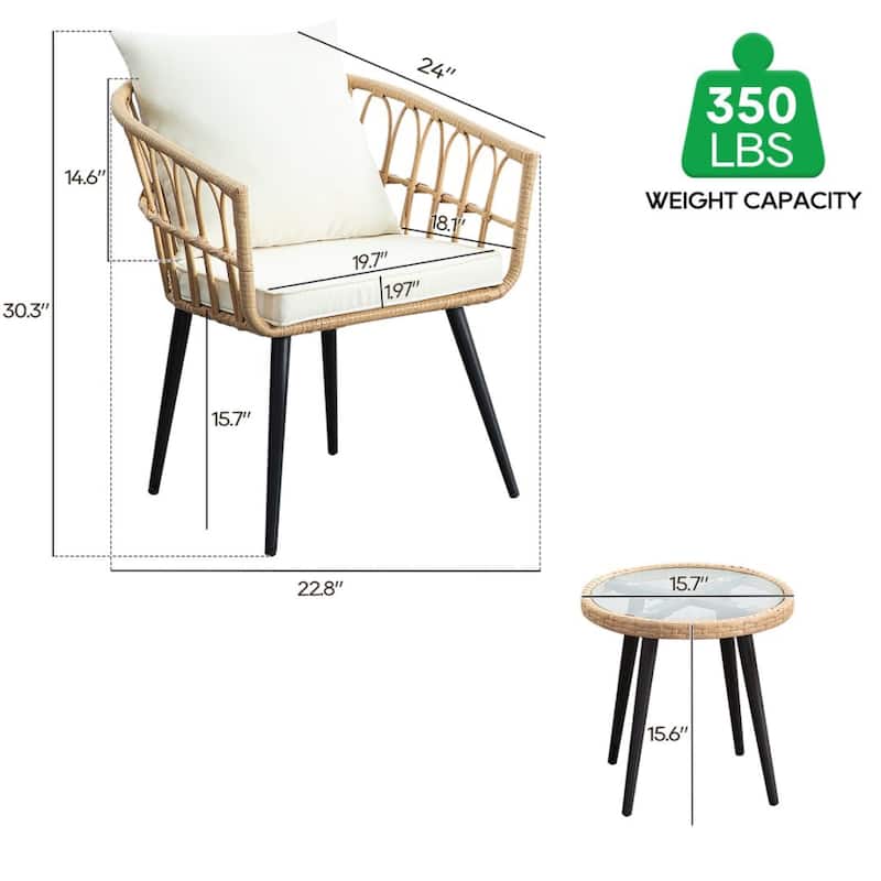 3-PC Beige Wicker Patio Conversation set with Glass Table
