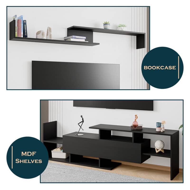 Surrey Multi-functional 60-Inch Modern Wood TV Console with Drawer, Book Case and Open Shelves in Stained Wood Finish