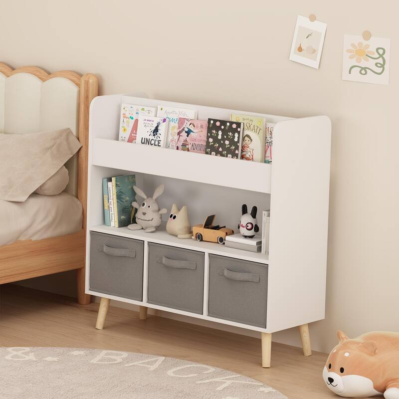 Anmytek Toddler Bookshelf with 3 Fabric Bins Storage Bookcase for Nursery Playroom Bedroom