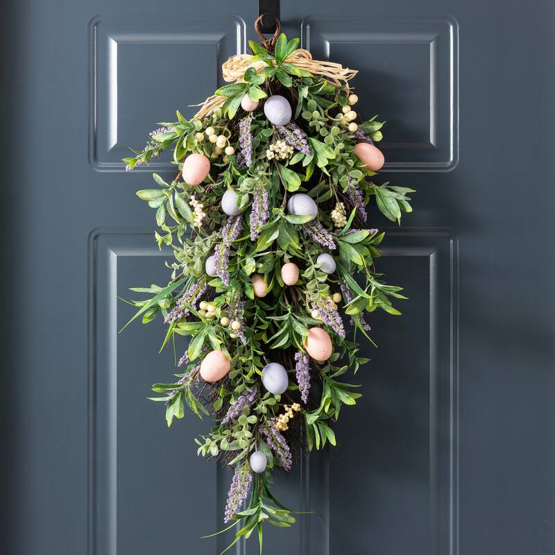 Glitzhome 28"H Easter Egg & Lavender Wreath Teardrop Swag Door Hanger