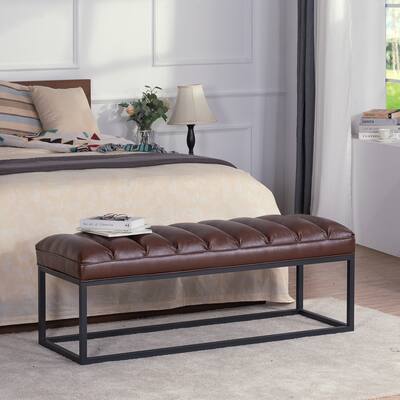 Metal Base Upholstered Bench,for Bedroom,Dark Brown/Orange