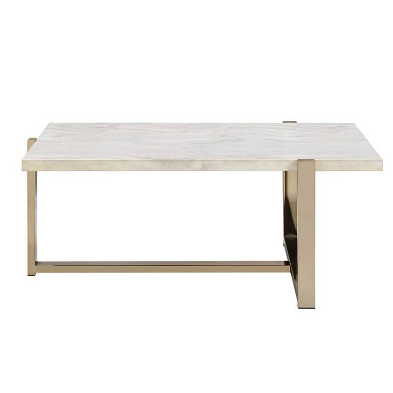 Modern Metal Framed Coffee Table with Faux Marble Top, White and Gold