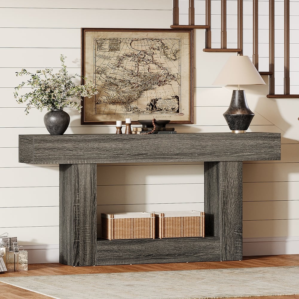 63 Inches Brown/ Gray Wood Entryway Table, Farmhouse Console Table for Entryway