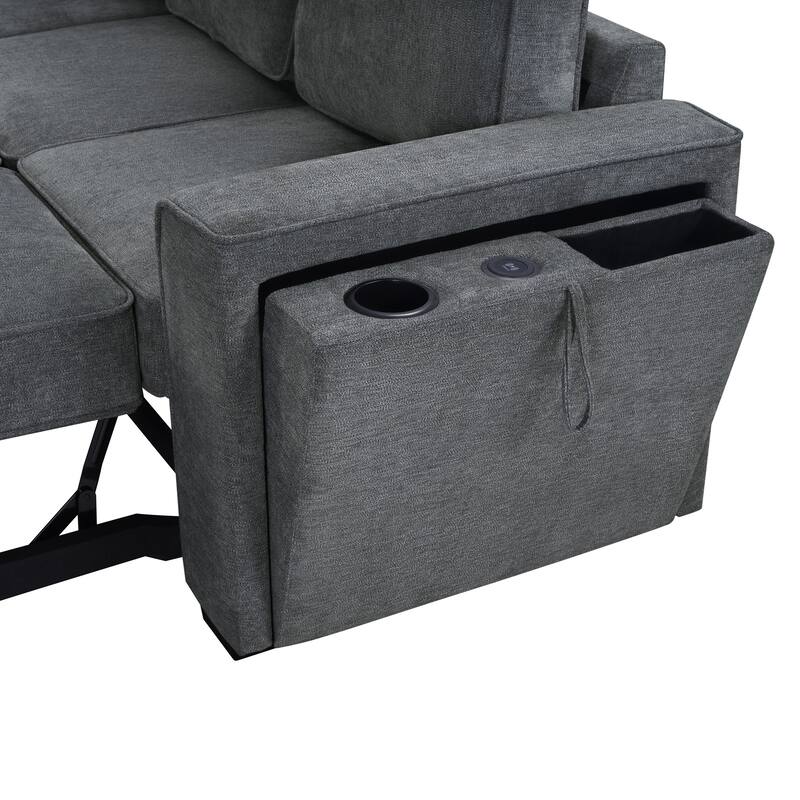 Convertible Sectional Sofa Bed with Flip-Top Table, USB Ports & Cup Holder, Chenille L-Shaped Sofa with Dual Pull-Out Sleepers