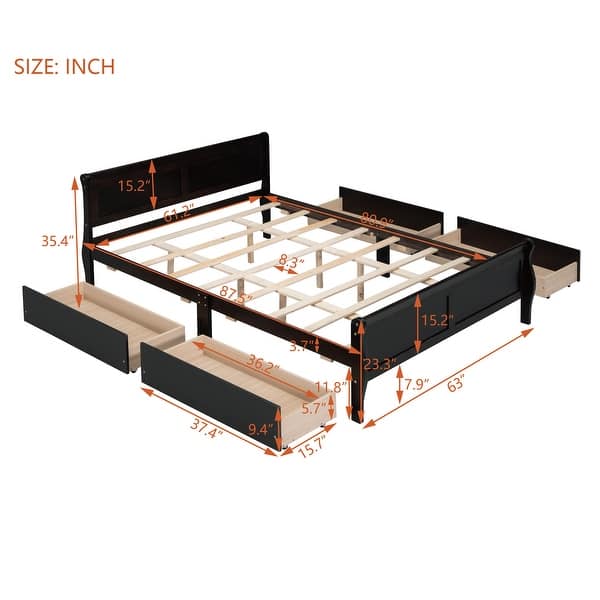 dimension image slide 2 of 12, (Twin/Full/Queen)Curved Legs Design Platform Bed Frame with 4 Drawers