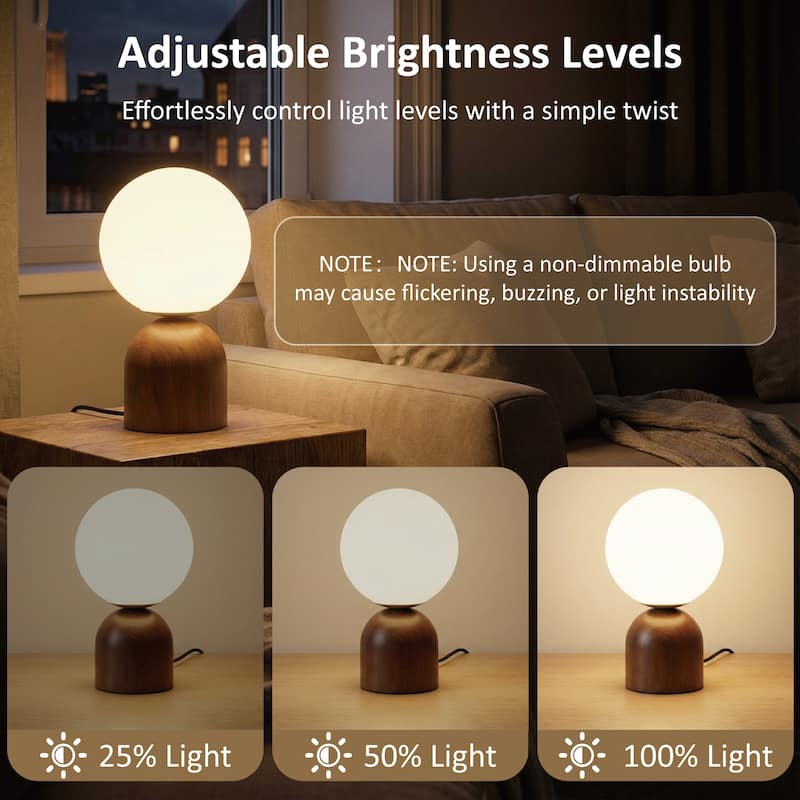 9.84'' Modern Opal Glass Globe Table Lamp with Solid Rubber Wood Base, Rotary Dimmer Switch (Bulb Not Included)