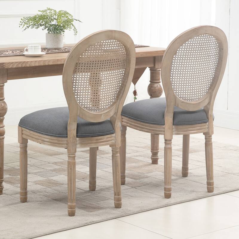 Grey Linen-Polyester Fabric Dining Chair with Curved Rattan Back Set of 2 - 19.3" L x 22" W x 37.8" H