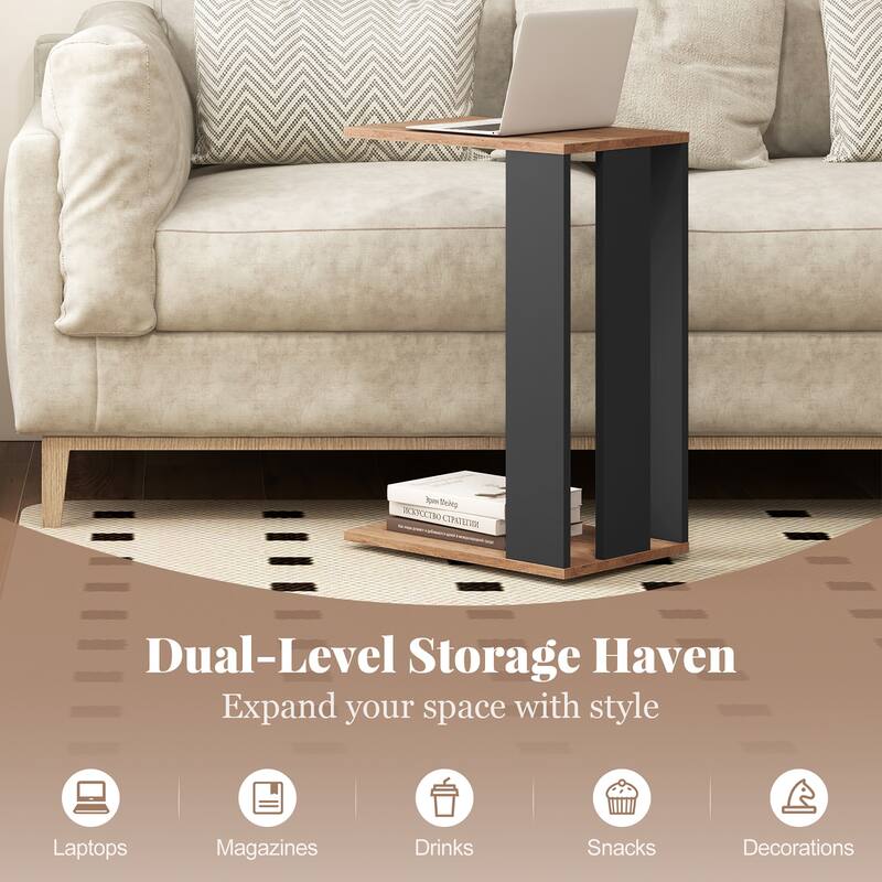 Gymax 2PCS 2-Tier C Shaped Side Table w/ Universal Wheels & Shelf for