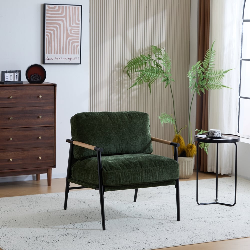 27.56" Modern Accent Chair w/ Plush Cushions & Minimalist Metal Frame & Wooden Armrest Design